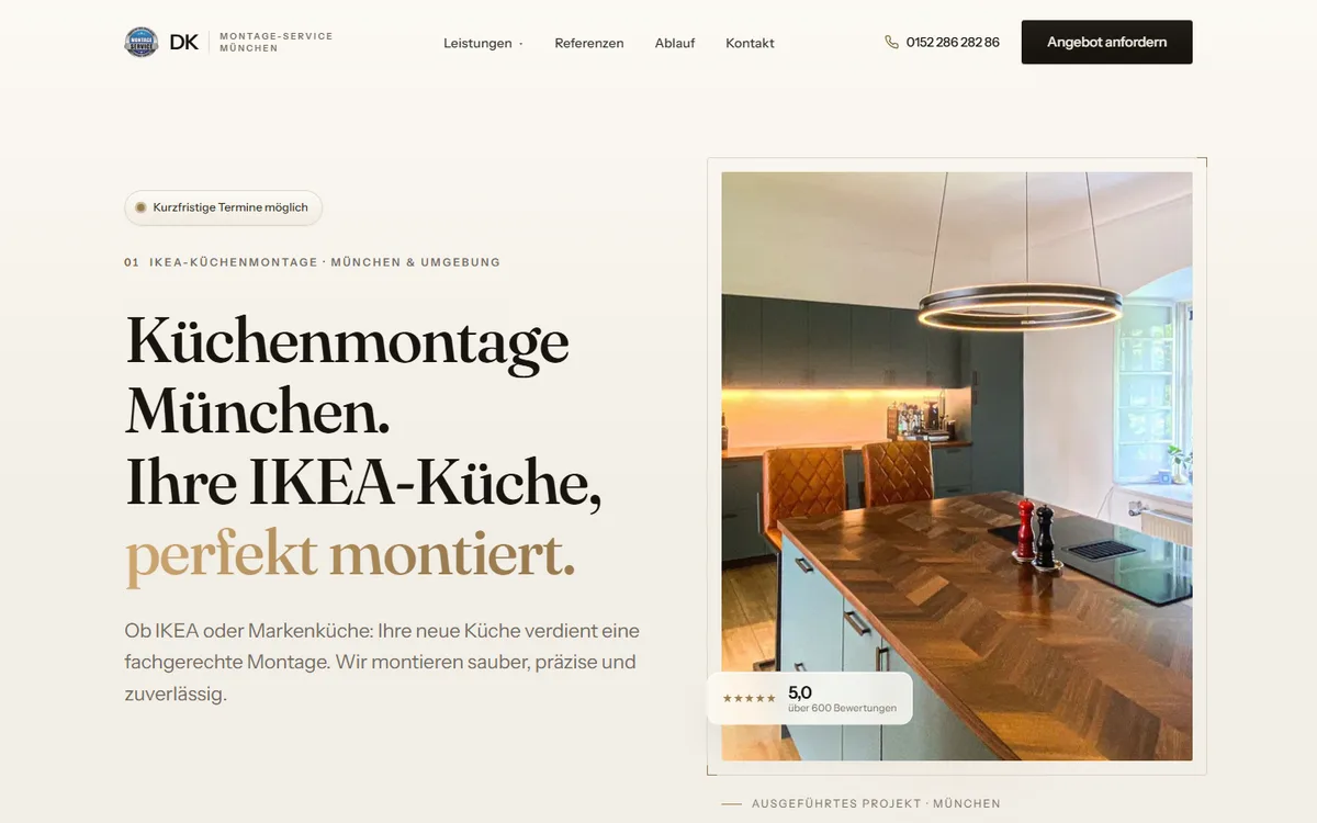Startseite von dkmontage.de: Überschrift „Küchenmontage München, Ihre IKEA-Küche, perfekt montiert“ neben dem Foto einer fertig montierten Küche